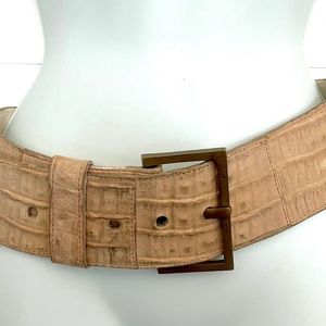 JOHNNY FARAH CROCODILE BELT BEIGE Brass Buckle Size M 28-34”